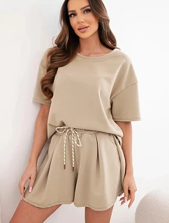 Dámský viskózový komplet s  top s krátkým rukávem a kraťasy s vysokým pasem camelový model 22077196 - K-Fashion