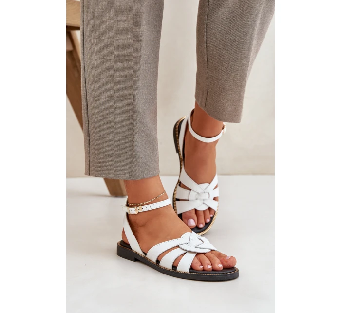 Skórzane Sandały Damskie Na Płaskim Obcasie Zazoo 3688 Białe Skórzane Sandały Damskie Na Płaskim Obcasie Zazoo 3688 Białe