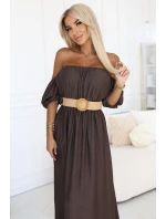 model 21229982 Maxi šaty v boho stylu s odhalenými rameny a páskem CHOCOLATE - numoco basic