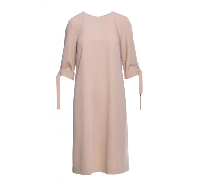 Šaty áčkového střihu s rukávy béžové model 20966050 - STYLOVE Šaty áčkového střihu s rukávy béžové model 20966050 - STYLOVE