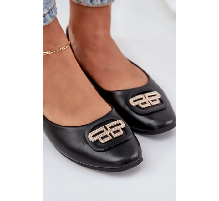 Baleriny Na Płaskiej Podeszwie Z Ozdobą Czarne Ainoria