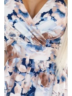 model 21081626 MATILDE Dámské šaty s výstřihem a krátkými rukávy béžové a modré květy - numoco