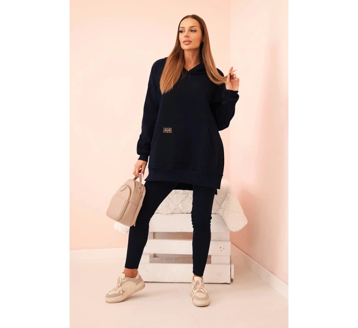 Dámský bavlněný komplet s kapucí a legíny s vysokým pasem modrý