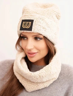 Dámska fleecová čiapka a nákrčník s ozdobnou aplikáciou béžová