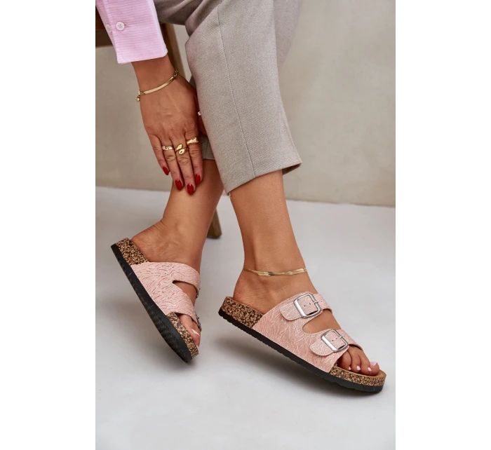 Materiałowe Klapki Na Korkowej Podeszwie Z Klamrami Różowe Atera