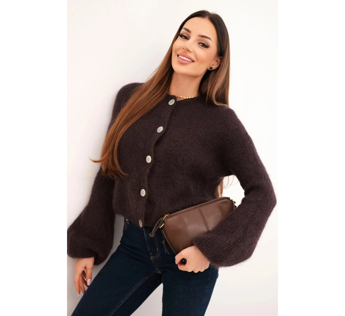 Dámský svetr s mohérem na knoflíky s model 21803185 rukávem hnědý - K-Fashion Dámský svetr s mohérem na knoflíky s model 21803185 rukávem hnědý - K-Fashion