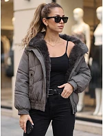 Dámská zimní prošívaná bunda s kožešinou, tmavě šedá, FashionStreet TY6010