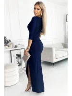 404-2 Dlhé trblietavé šaty s výstrihom a rozparkom na nohách - GRANITE s trblietkami
