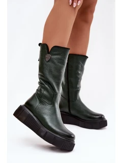 Zazoo 70121 Kožené dámské kozačky s vlnou olivové