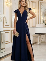 Dámske elegantné maxi šaty s volánmi 660-1 tmavo modré - Numoco