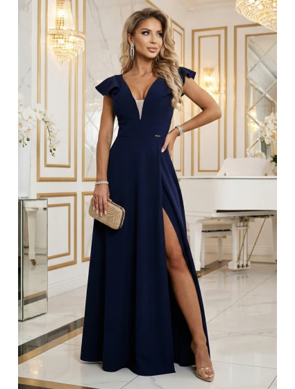 Dámské elegantní maxi šaty s volánky model 22030033 tmavě modré - numoco