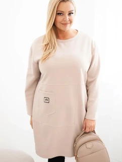 Dámské šaty Plus Size model 21486222 s kapsou a rukávem 3/4 béžový - K-Fashion