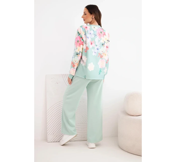 Dámsky maslový viskózový set s kvetmi so širokými nohavicami tmavý mätový