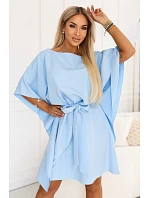 287-43 SOFIA Motýlí šaty se zavazováním v pase - světle modré