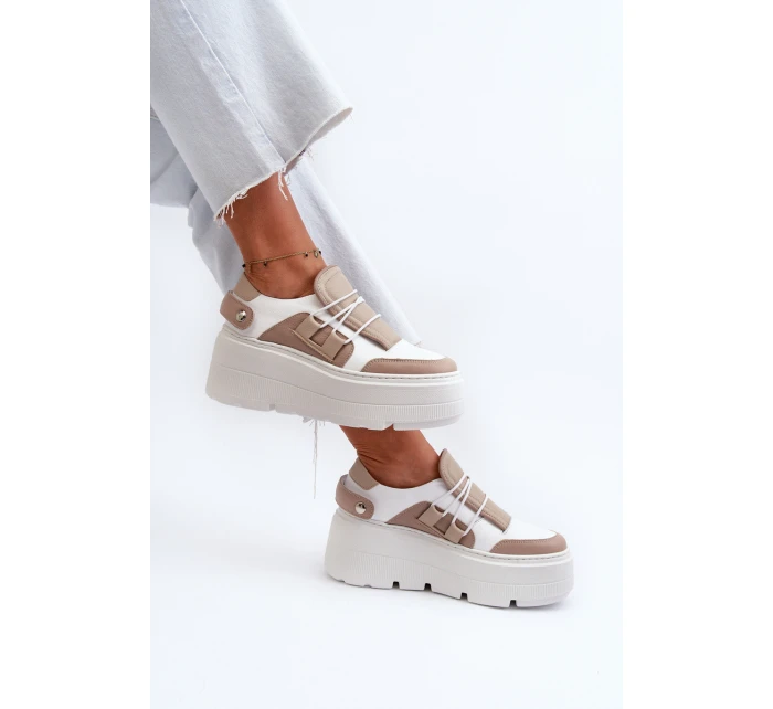 Zazoo 1833 Sneakersy Damskie Skórzane Na Masywnej Podeszwie Beżowo-Białe