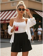 Dámske letné textilné šortky s kožou a ľanom čierne FashionStreet SY0548