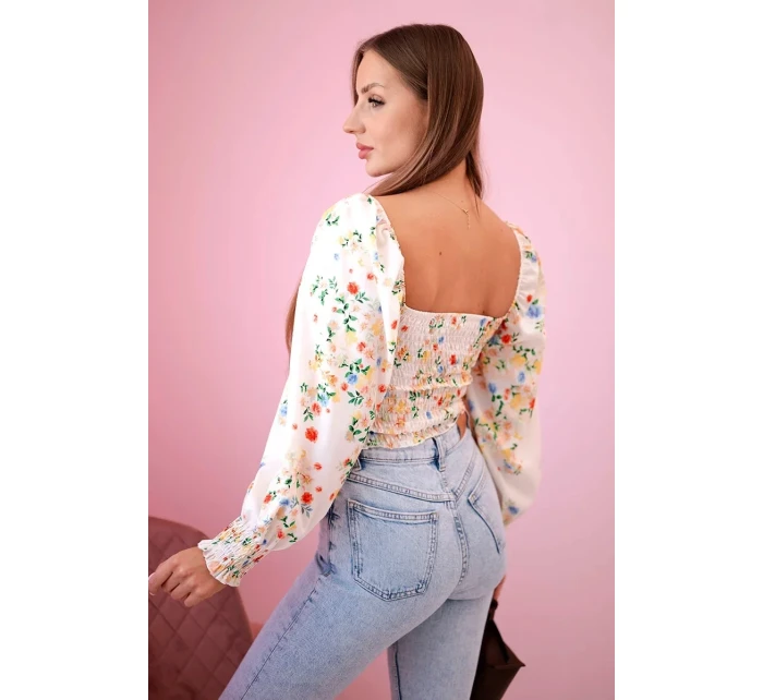 Dámska španielska blúzka s kvetinovým vzorom, dlhý rukáv, béžová