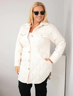 Dámska prešívaná bunda vo veľkosti Plus Size s golierom a vreckami, svetlo béžová