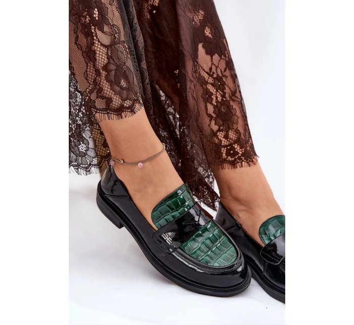 Lakierowane Skórzane Mokasyny Damskie Vinceza 91125 Zielono-Czarne
