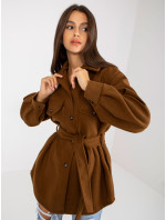 Hnedý dámsky kabát s vreckami a viazankami