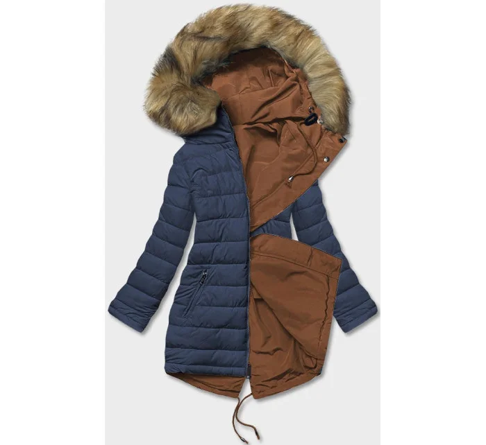 Karamelová tmavomodrá obojstranná dámska zimná bunda (2M-21508)