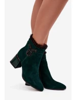 Semišové kožené dámské kotníkové boty na jehlovém podpatku s ozdobou vyhřívané model 21718444 tmavě zelená - D&A