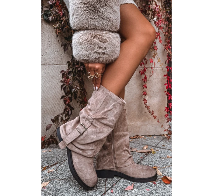 Kozaki Damskie Z Wywiniętą Cholewką Do Połowy Łydki Z Klamrą Khaki Minelle Kozaki Damskie Z Wywiniętą Cholewką Do Połowy Łydki Z Klamrą Khaki Minelle