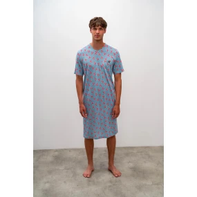 Pohodlná pánska nočná košeľa 16614 modrá s potlačou - Vamp Pohodlná pánska nočná košeľa 16614 modrá s potlačou - Vamp