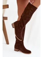 Dámske perforované čižmy na podpätku Helinna - chocolate