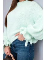 Dámský svetr s přídavkem mohairu s model 21903494 pletením a ozdobnými rukávy mátový - K-Fashion