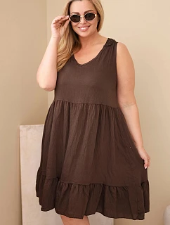 Dámske plus veľkosť viskózové šaty s čipkou bez rukávov hnedé
