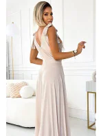 405-6 ELENA Dlhé šaty s výstrihom a viazaním na ramenách - béžové s brokátom 405-6 ELENA Dlhé šaty s výstrihom a viazaním na ramenách - béžové s brokátom