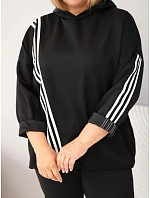 Dámska mikina Plus Size z viskózy s kapucňou a ozdobnými pruhmi, čierna