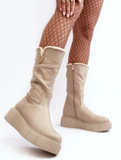 Dámské kožené kozačky se vlnou model 21640628 béžové - Zazoo