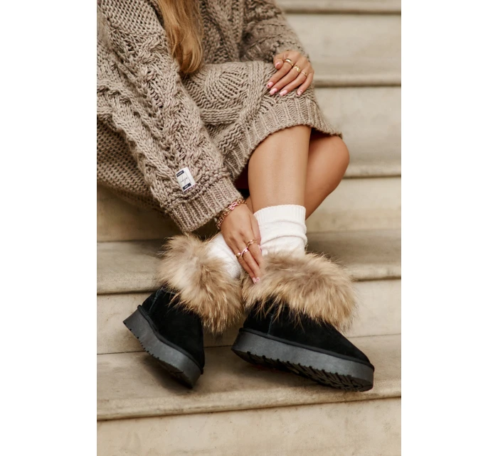 Skórzane Śniegowce Na Platformie Z Futerkiem Czarne Avirisa