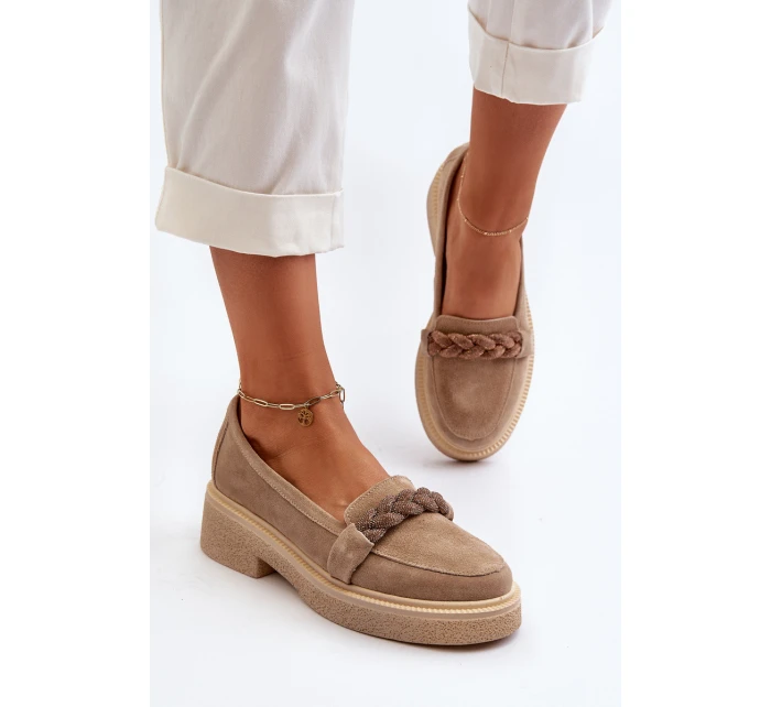 Zazoo 3429/W Damskie Zamszowe Mokasyny Z Ozdobą Beżowe