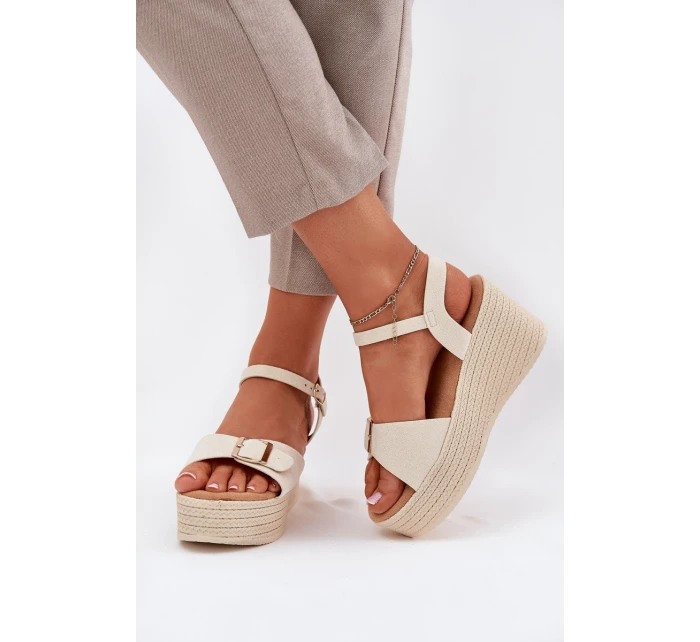 Sandały Damskie Na Koturnie Z Klamrą Beżowe Liniella Sandały Damskie Na Koturnie Z Klamrą Beżowe Liniella