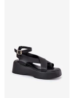 Sandały Damskie Na Platformie I Koturnie Eko Skórzane Czarne Tenzorus Sandały Damskie Na Platformie I Koturnie Eko Skórzane Czarne Tenzorus