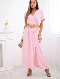 Dlouhé šaty s ozdobným páskem bonbónově růžová