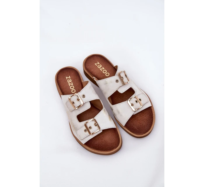 Kožené Ploché Pantofle S Přezkami Zlaté model 21686316 - Zazoo Kožené Ploché Pantofle S Přezkami Zlaté model 21686316 - Zazoo