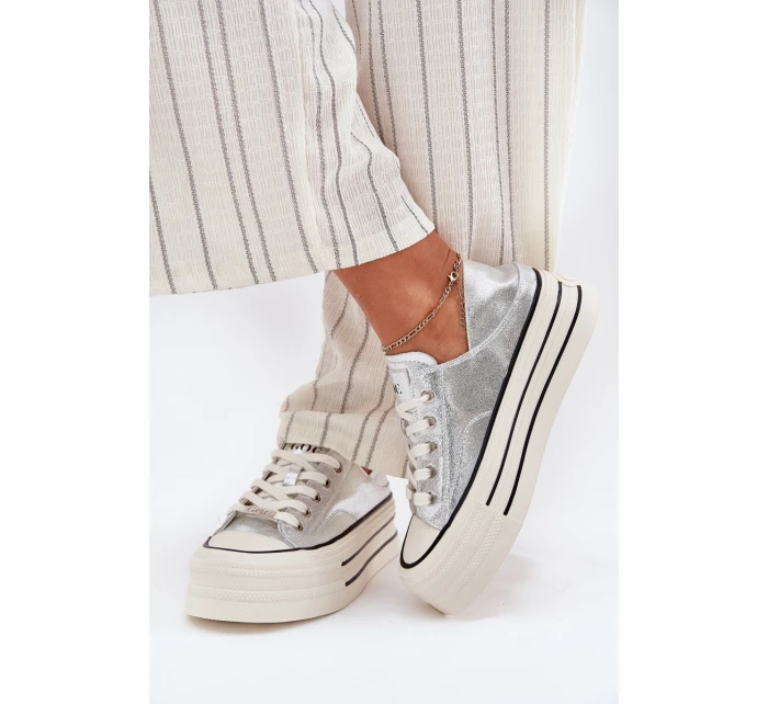 Dámské Kožené Tenisky Na Platformě model 21691401 Stříbrné - Goe