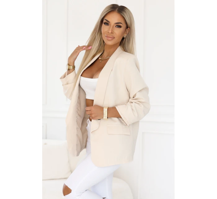model 21745283 Dámské klasické sako s nabíranými rukávy béžové - numoco basic