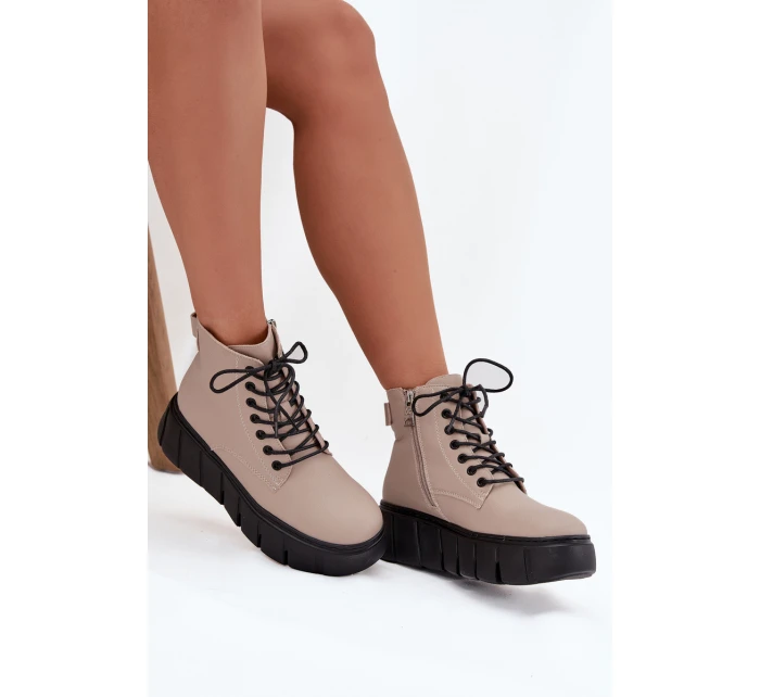 Skórzane Ocieplane Botki Damskie Na Platformie Vinceza 66803 Beżowe