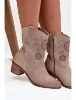 Zamszowe Skórzane Botki Damskie Ażurowe Na Obcasie Zazoo 3844 Cappuccino