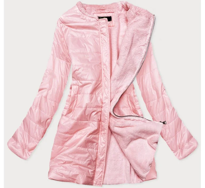 Ružová dámska bunda s mechovitým kožúškom pre prechodné obdobie (M-1733)