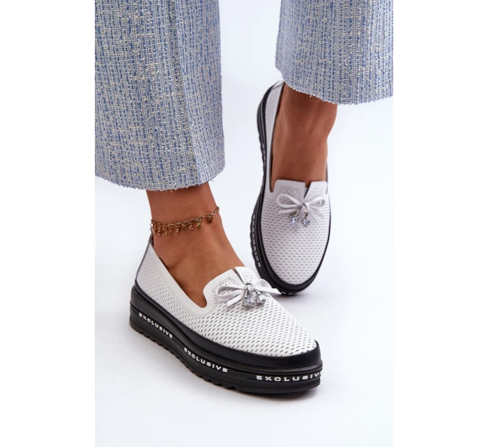 Mokasyny Damskie Skórzane Na Platformie S.Barski LR400 Białe