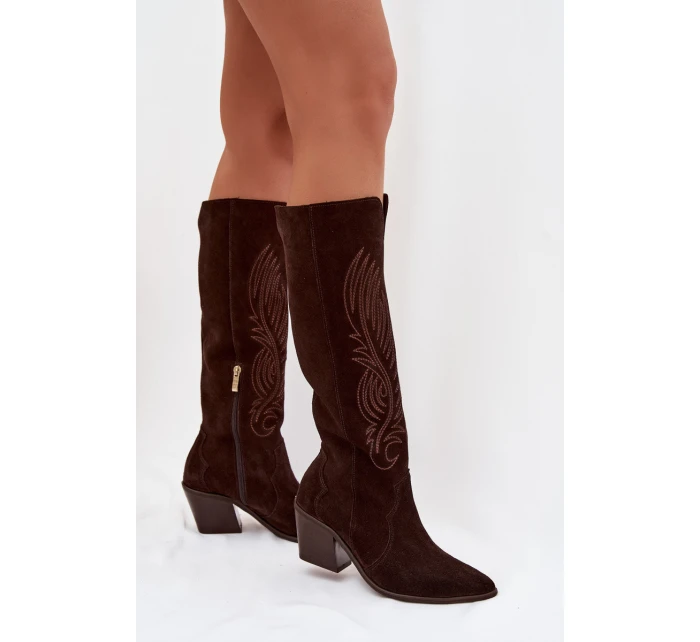 Semišové Kožené Kozačky Kovářky Na Podpatku Zazoo 3152 Čokoládové