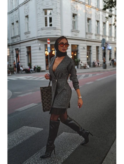 M871 Zavinovacie šaty z tvídu - čierne