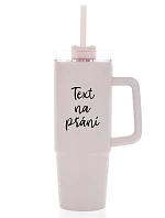 TEXT NA ŽIADOSŤ - ružový cestovný termohrnček s priehľadným viečkom 900 ml