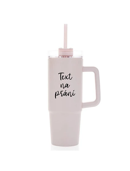 TEXT NA ŽIADOSŤ - ružový cestovný termohrnček s priehľadným viečkom 900 ml